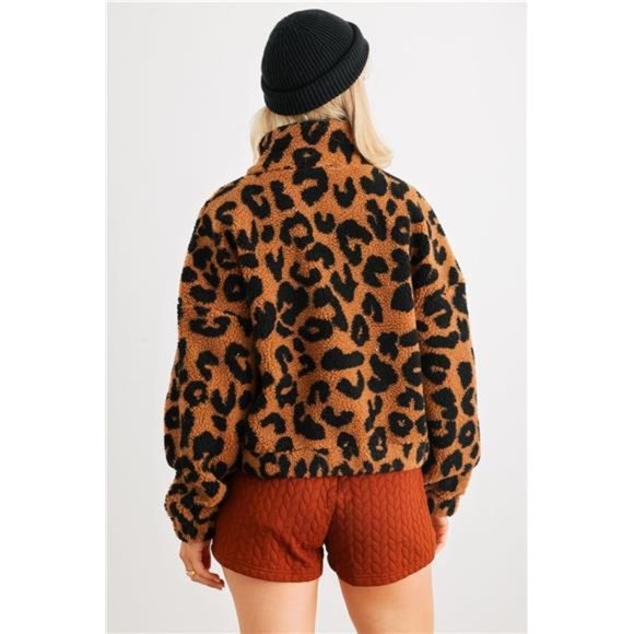 Camel Leopard Print Fuzzy Teddy Knit Zip-up Jacket With Pockets For Women - Picture 4 of 6